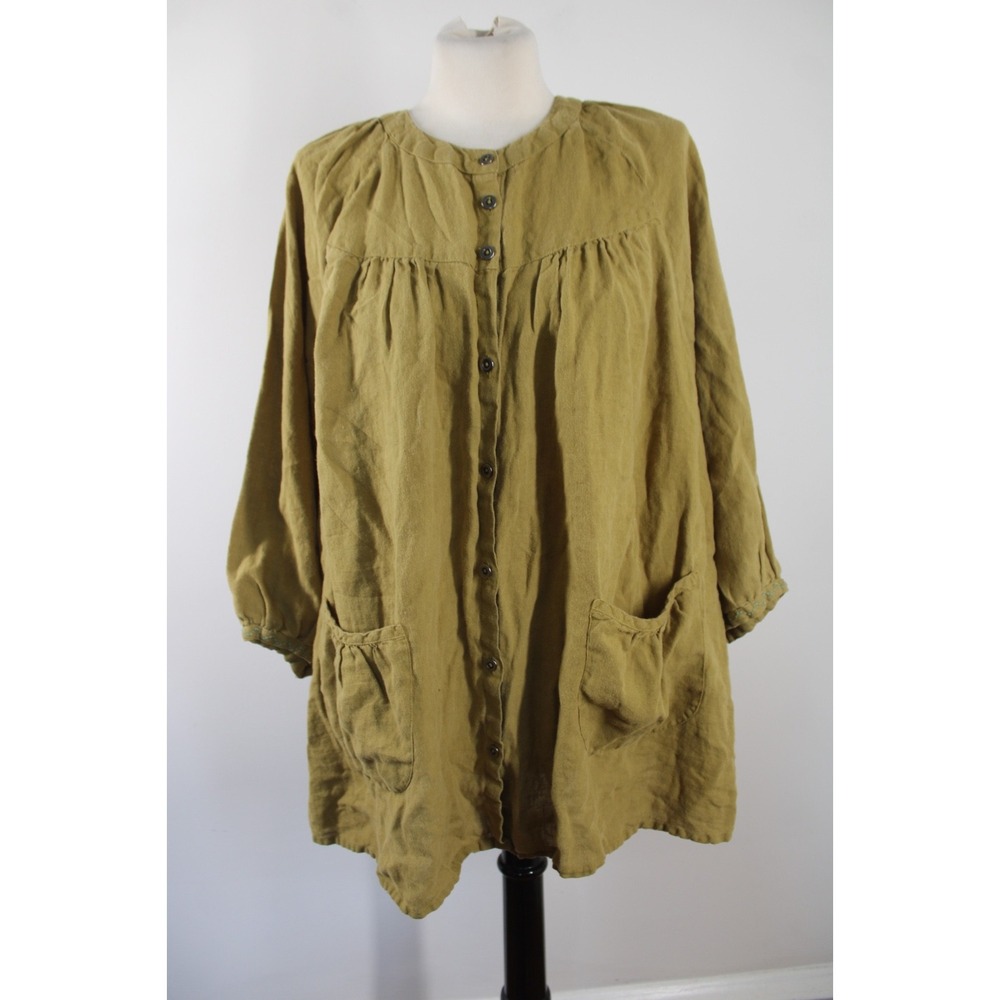 Gudrun Sjoden M Olive Green Linen Button Front Tunic Top Pockets Lagenlook